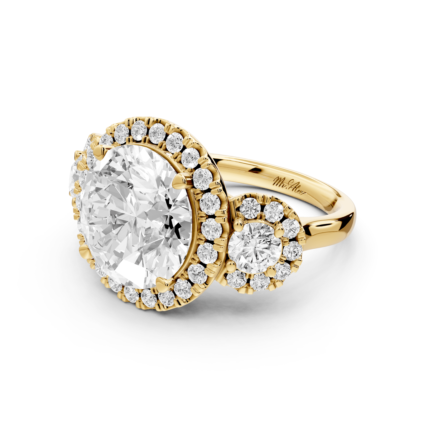 Iris - 5ct 18k yellow gold Three stone round Halo engagement ring - Mr. Alex Jewelry