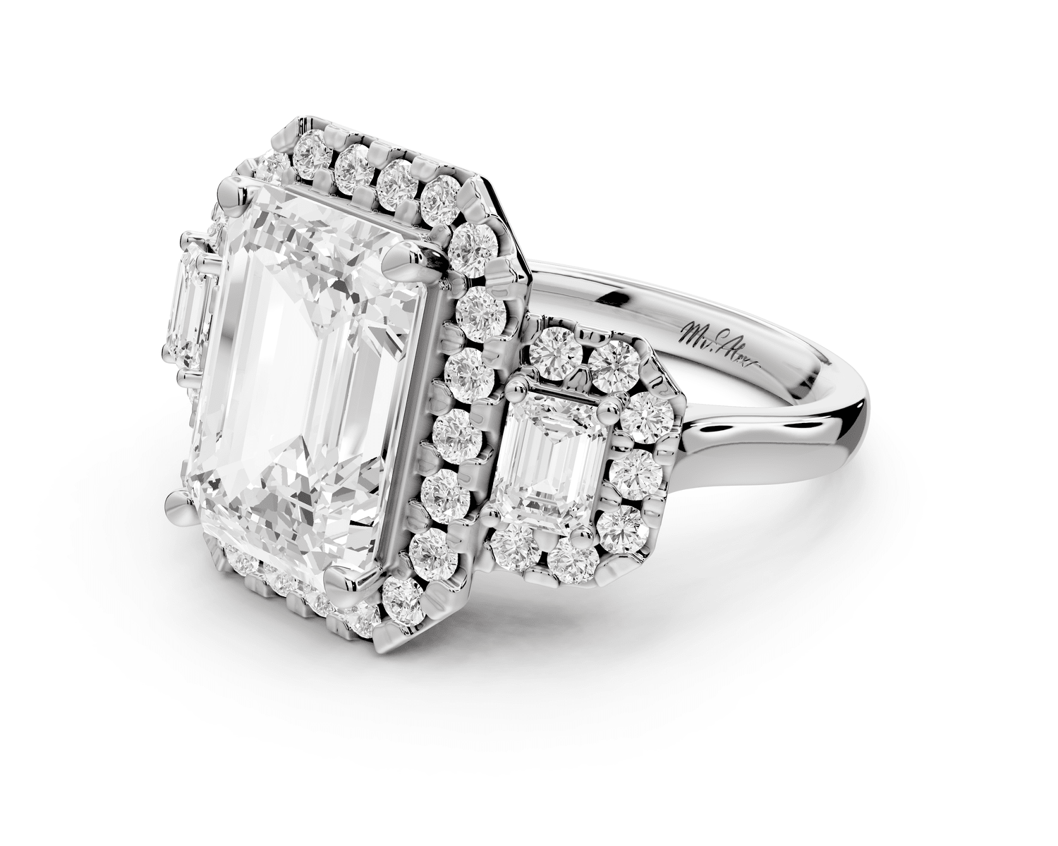 Iris - 5ct platinum Three stone emerald Halo engagement ring - Mr. Alex Jewelry