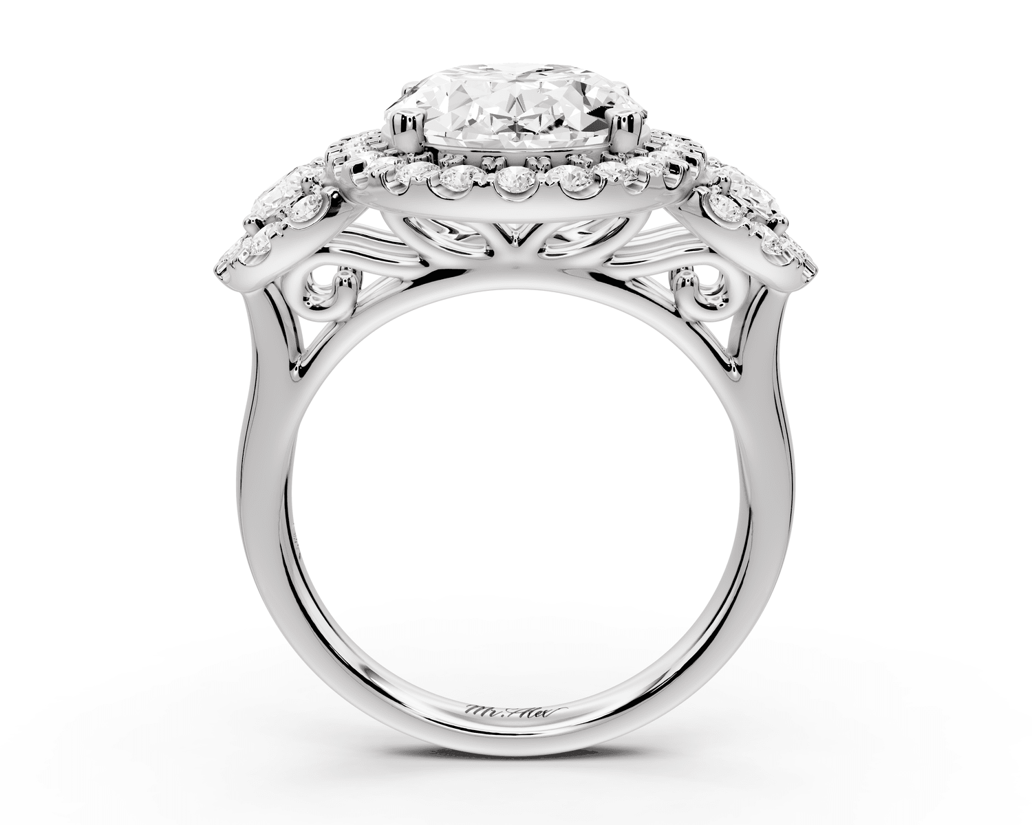 Iris - 5ct platinum Three stone oval Halo engagement ring - Mr. Alex Jewelry