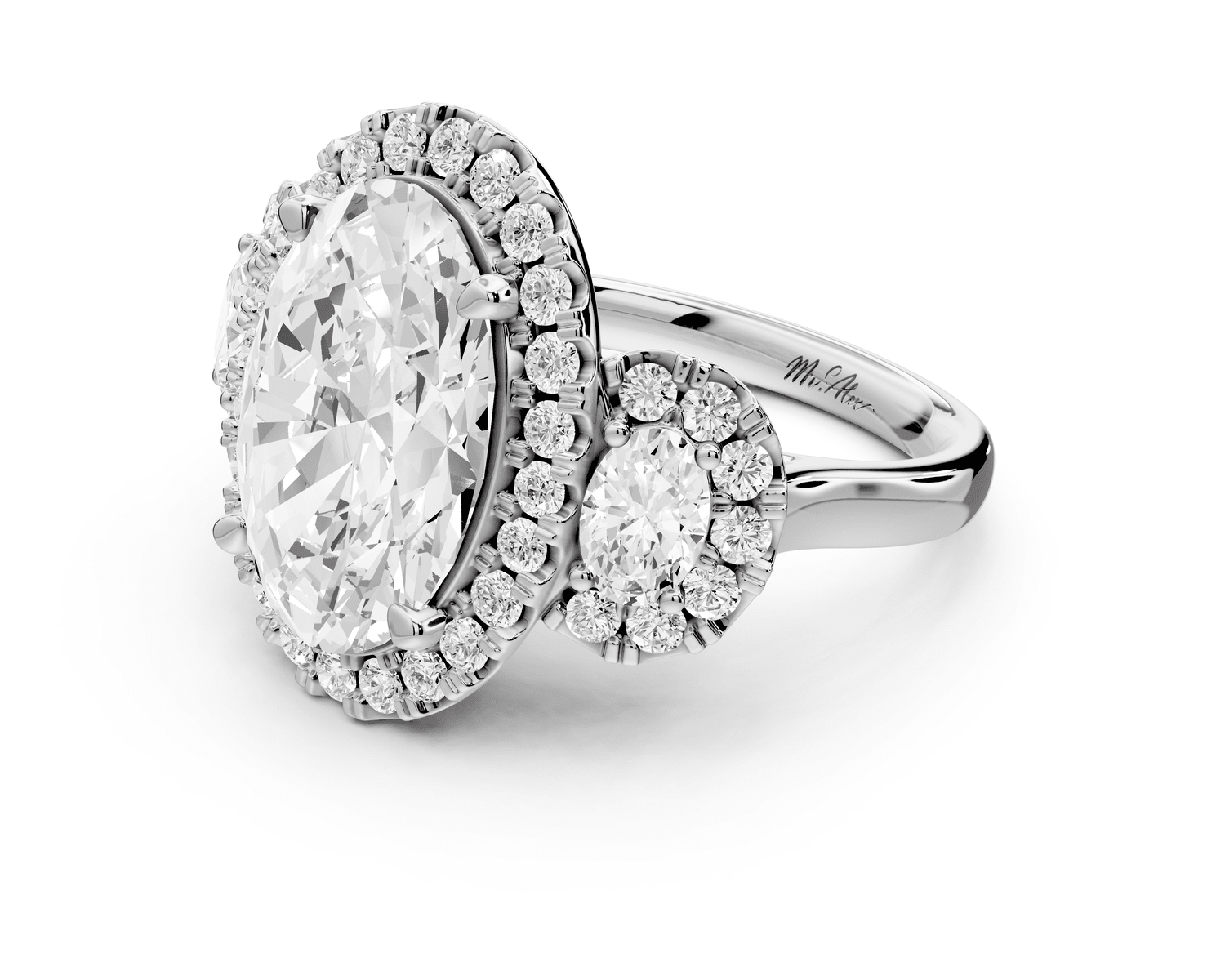 Iris - 5ct platinum Three stone oval Halo engagement ring - Mr. Alex Jewelry
