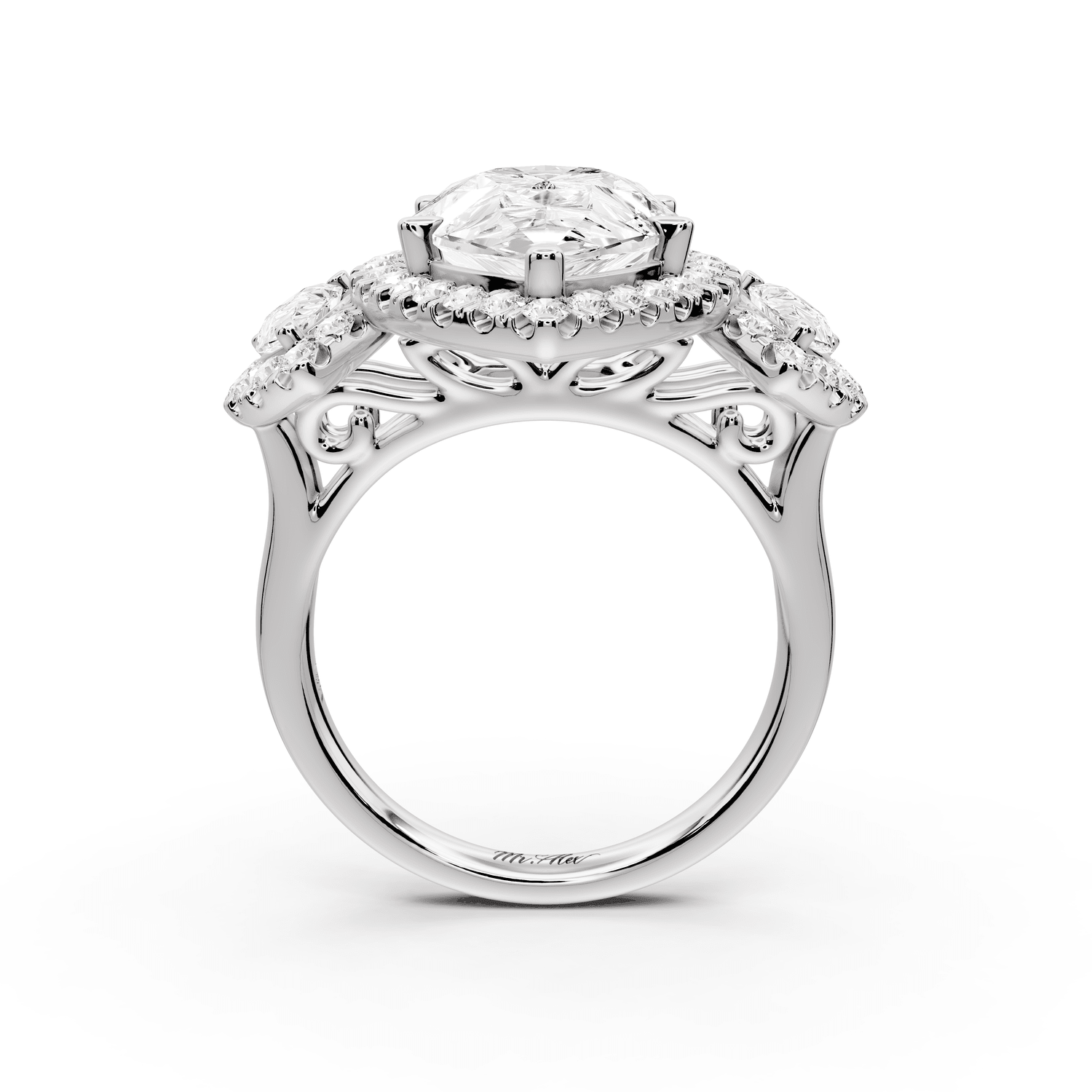 Iris - 5ct platinum Three stone pear Halo engagement ring - Mr. Alex Jewelry
