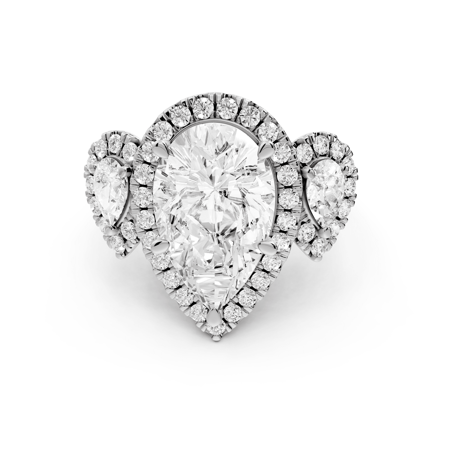 Iris - 5ct platinum Three stone pear Halo engagement ring - Mr. Alex Jewelry