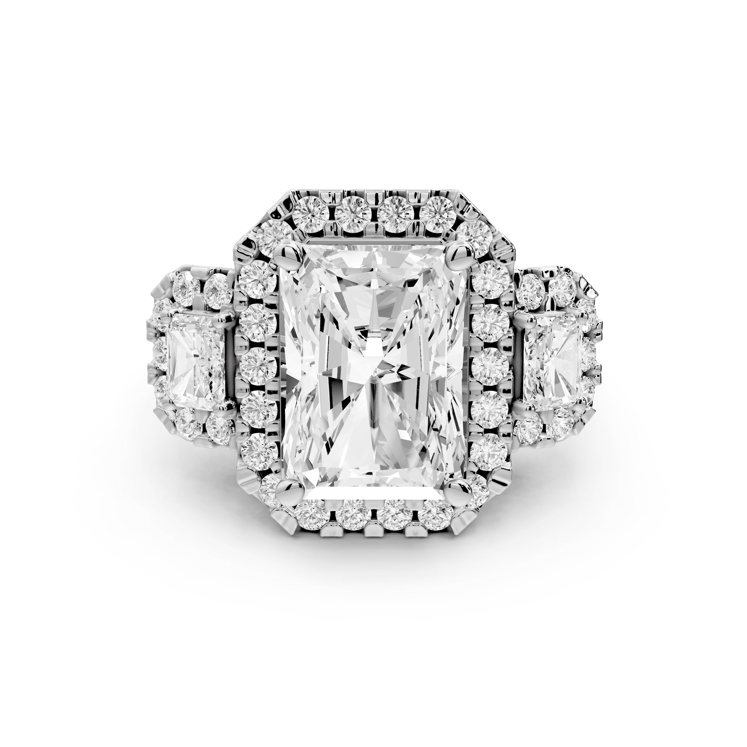 Iris - 5ct platinum Three stone radiant Halo engagement ring - Mr. Alex Jewelry
