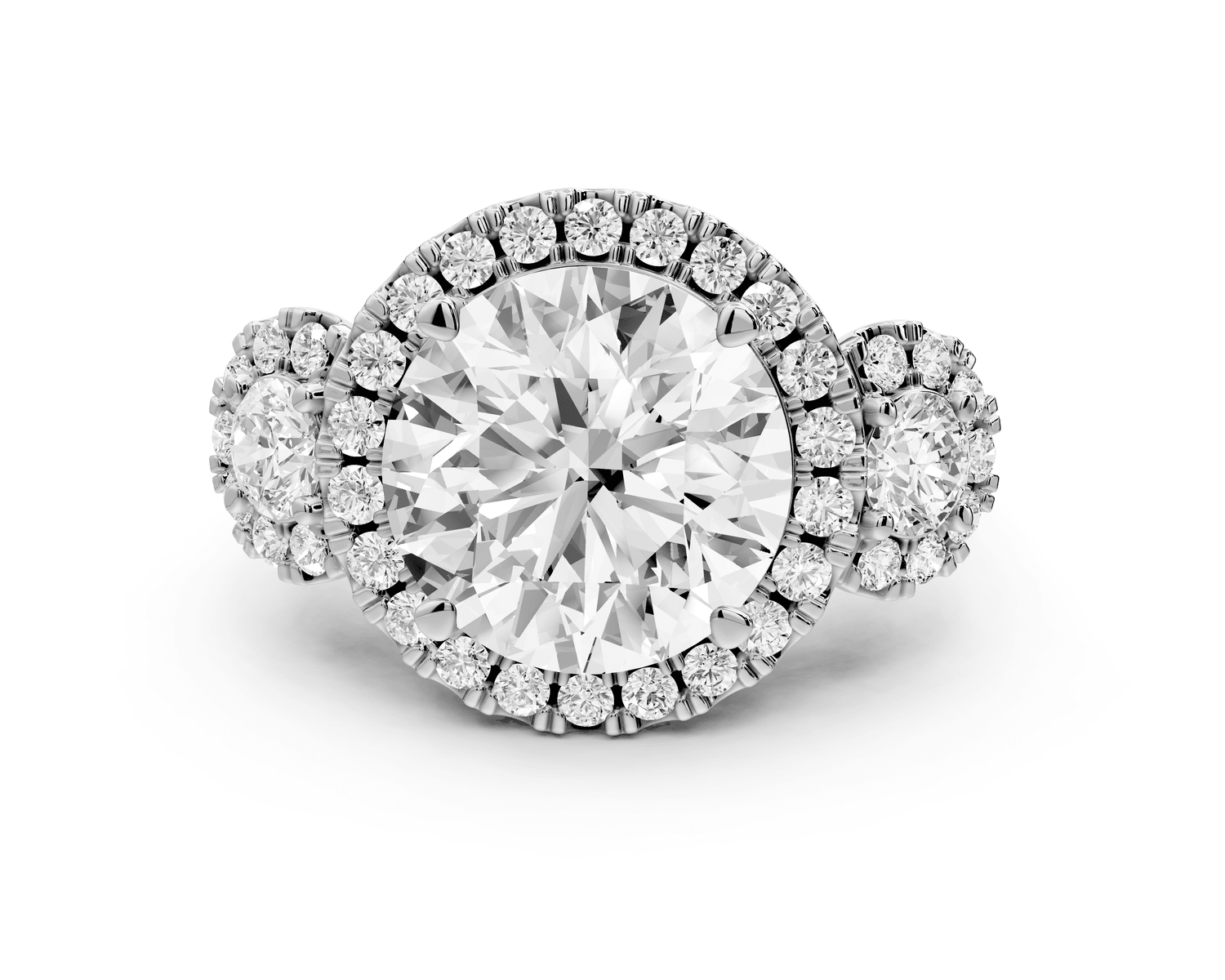 Iris - 5ct platinum Three stone round Halo engagement ring - Mr. Alex Jewelry
