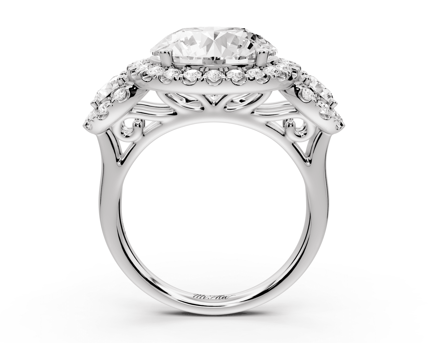 Iris - 5ct platinum Three stone round Halo engagement ring - Mr. Alex Jewelry