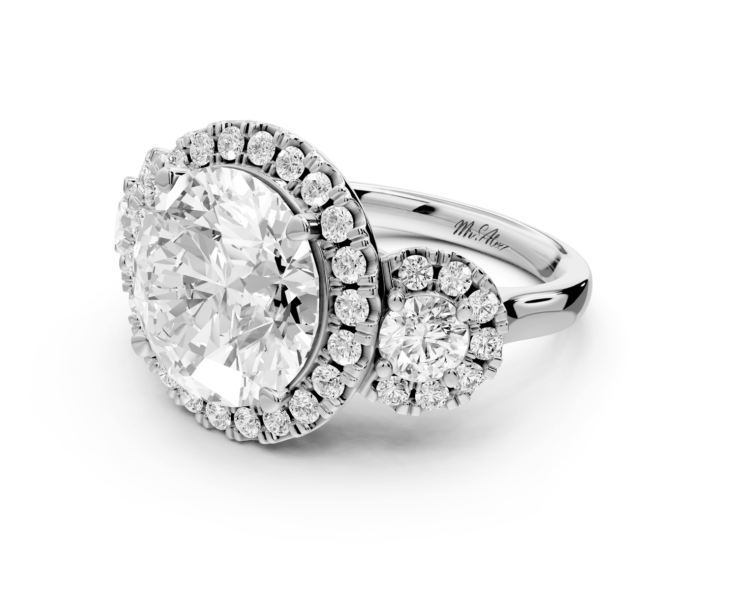 Iris - 5ct platinum Three stone round Halo engagement ring - Mr. Alex Jewelry