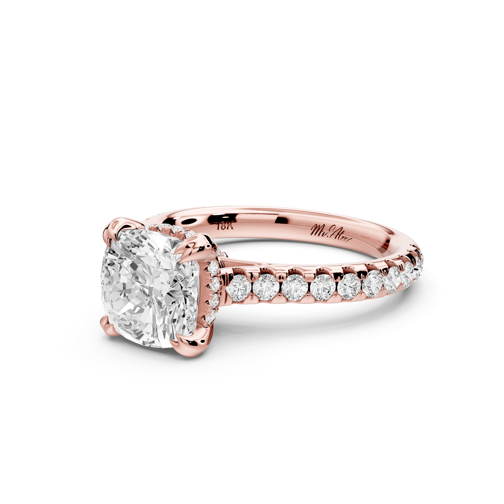 Isabella - 2ct 14k rose gold cushion hidden halo diamond bridge cathedral pavé engagement ring - Mr. Alex Jewelry