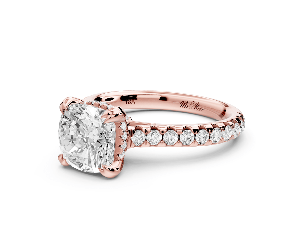 Isabella - 2ct 14k rose gold cushion hidden halo diamond bridge cathedral pavé engagement ring - Mr. Alex Jewelry