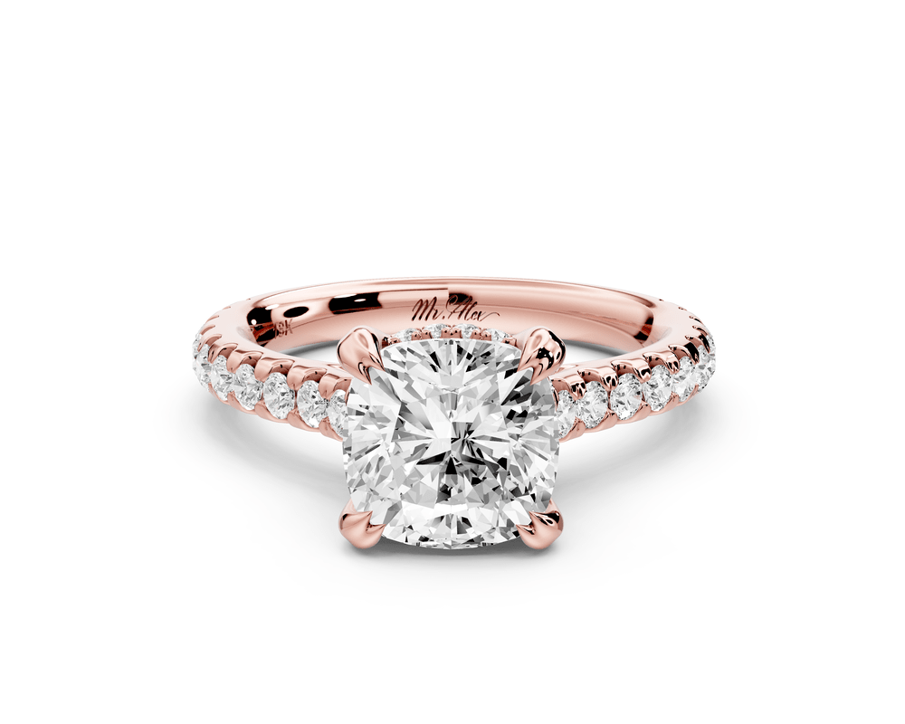 Isabella - 2ct 14k rose gold cushion hidden halo diamond bridge cathedral pavé engagement ring - Mr. Alex Jewelry