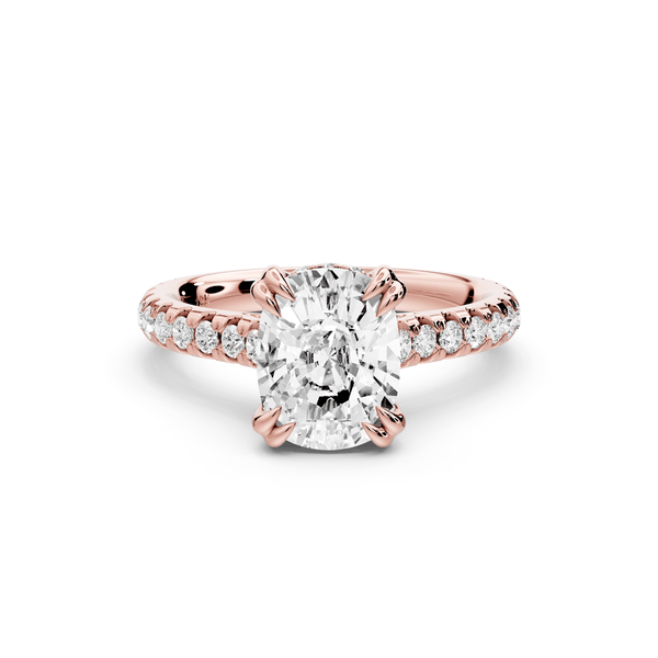 Isabella - 2ct 14k rose gold ecushion hidden halo diamond bridge cathedral pavé engagement ring - Mr. Alex Jewelry