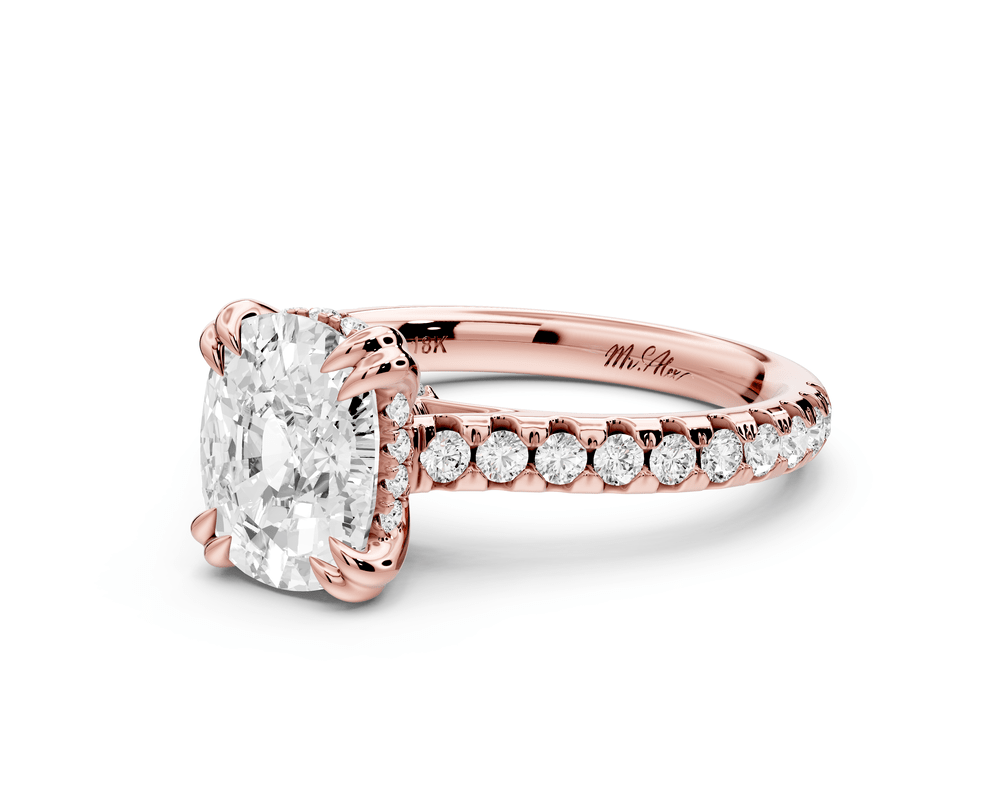 Isabella - 2ct 14k rose gold ecushion hidden halo diamond bridge cathedral pavé engagement ring - Mr. Alex Jewelry