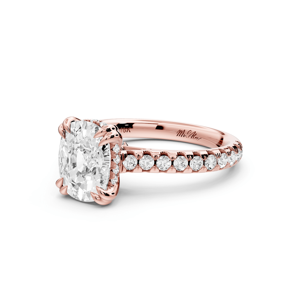 Isabella - 2ct 14k rose gold ecushion hidden halo diamond bridge cathedral pavé engagement ring - Mr. Alex Jewelry