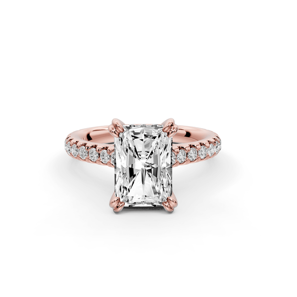Isabella - 2ct 14k rose gold radiant hidden halo diamond bridge cathedral pavé engagement ring - Mr. Alex Jewelry
