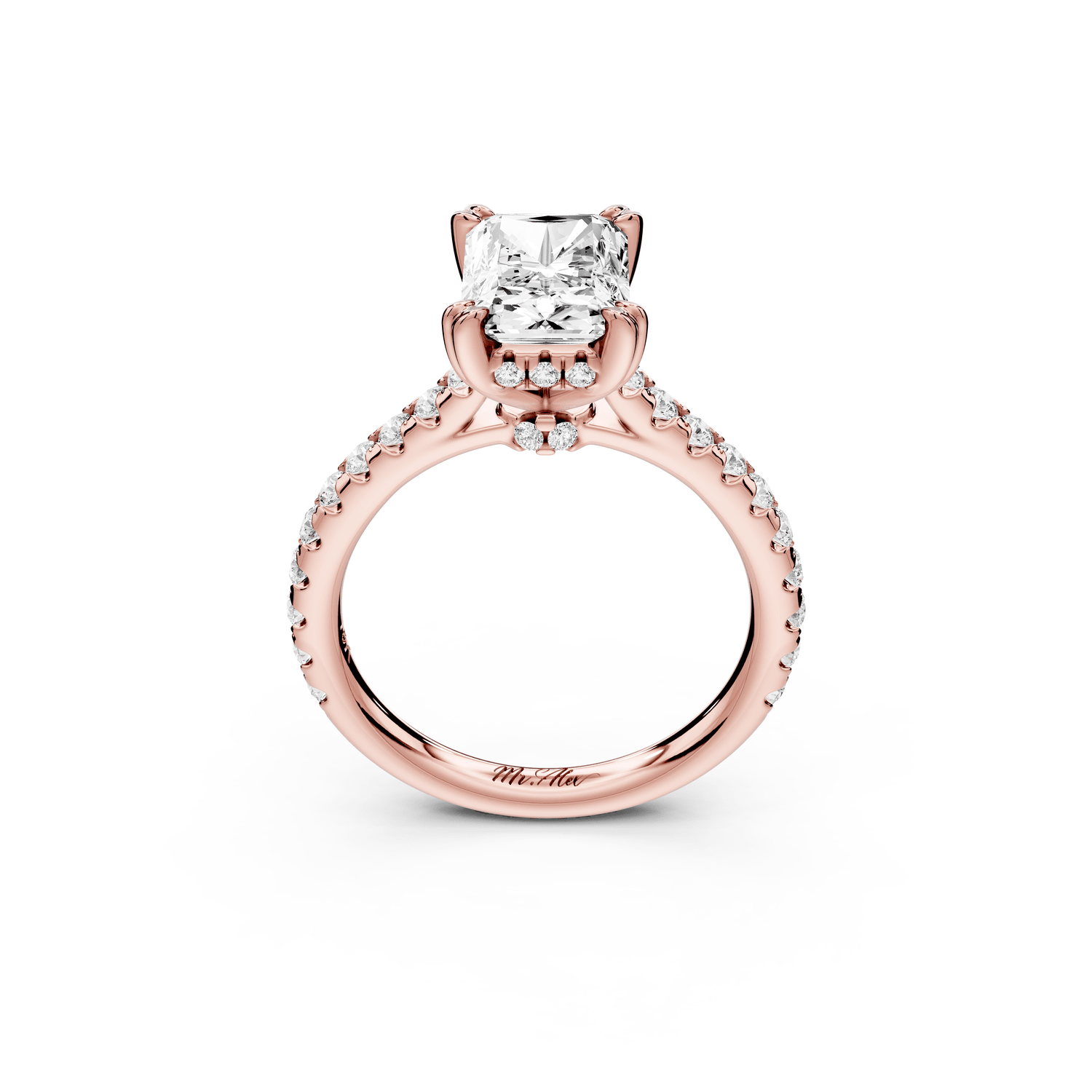 Isabella - 2ct 14k rose gold radiant hidden halo diamond bridge cathedral pavé engagement ring - Mr. Alex Jewelry