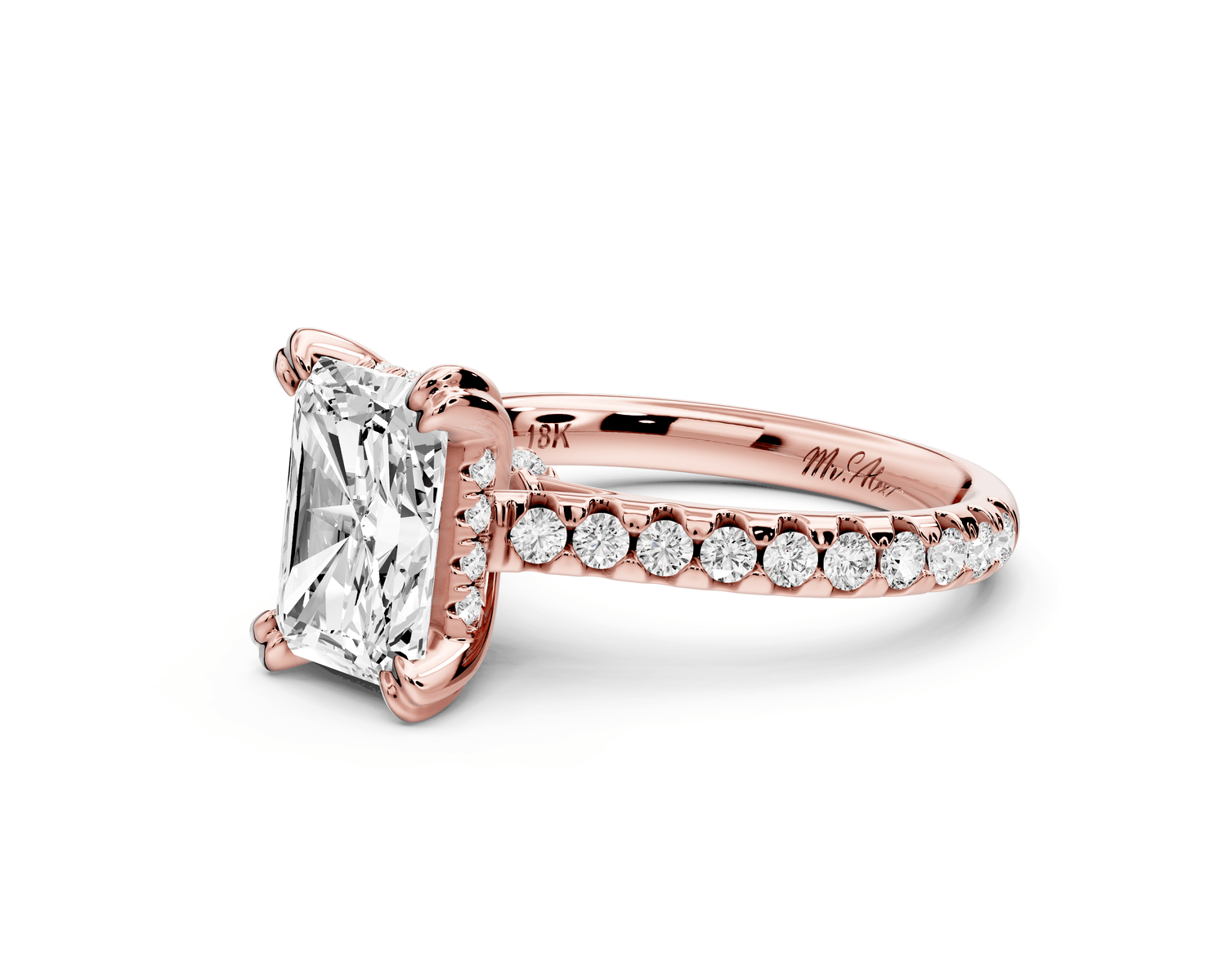 Isabella - 2ct 14k rose gold radiant hidden halo diamond bridge cathedral pavé engagement ring - Mr. Alex Jewelry