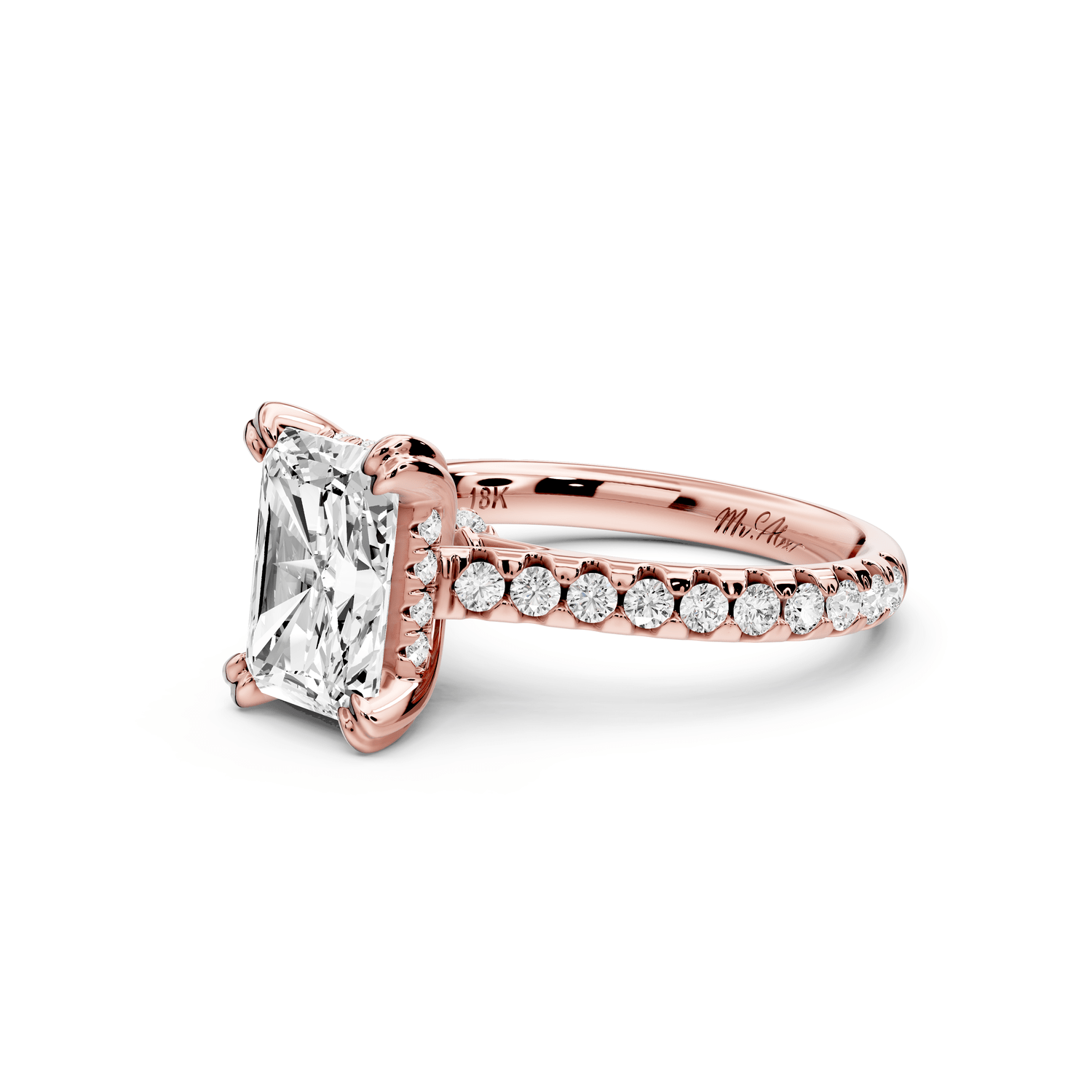 Isabella - 2ct 14k rose gold radiant hidden halo diamond bridge cathedral pavé engagement ring - Mr. Alex Jewelry