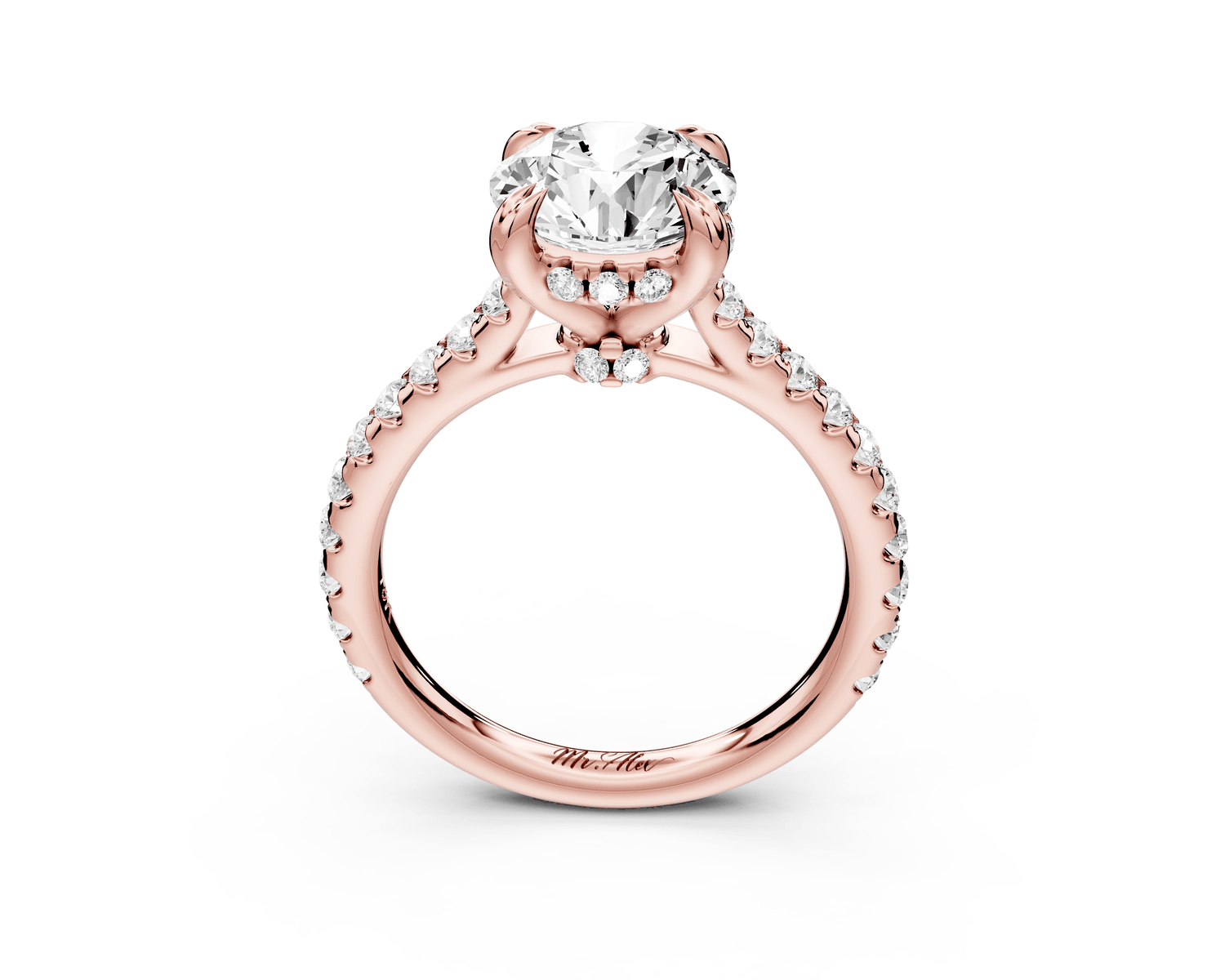 Isabella - 2ct 14k rose gold round hidden halo diamond bridge cathedral pavé engagment ring - Mr. Alex Jewelry