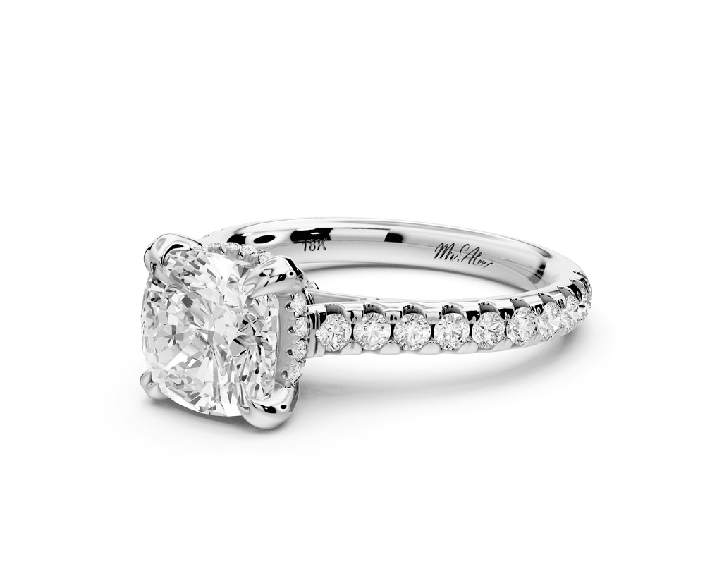 Isabella - 2ct 14k white gold cushion hidden halo diamond bridge cathedral pavé engagement ring - Mr. Alex Jewelry