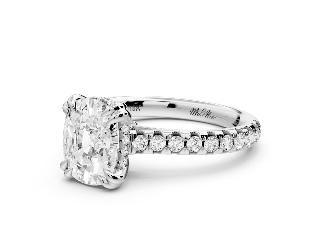 Isabella - 2ct 14k white gold ecushion hidden halo diamond bridge cathedral pavé engagement ring - Mr. Alex Jewelry