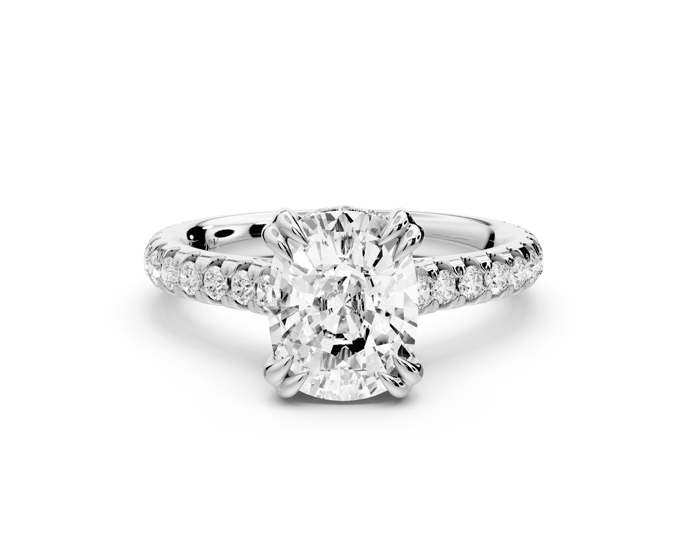 Isabella - 2ct 14k white gold ecushion hidden halo diamond bridge cathedral pavé engagement ring - Mr. Alex Jewelry