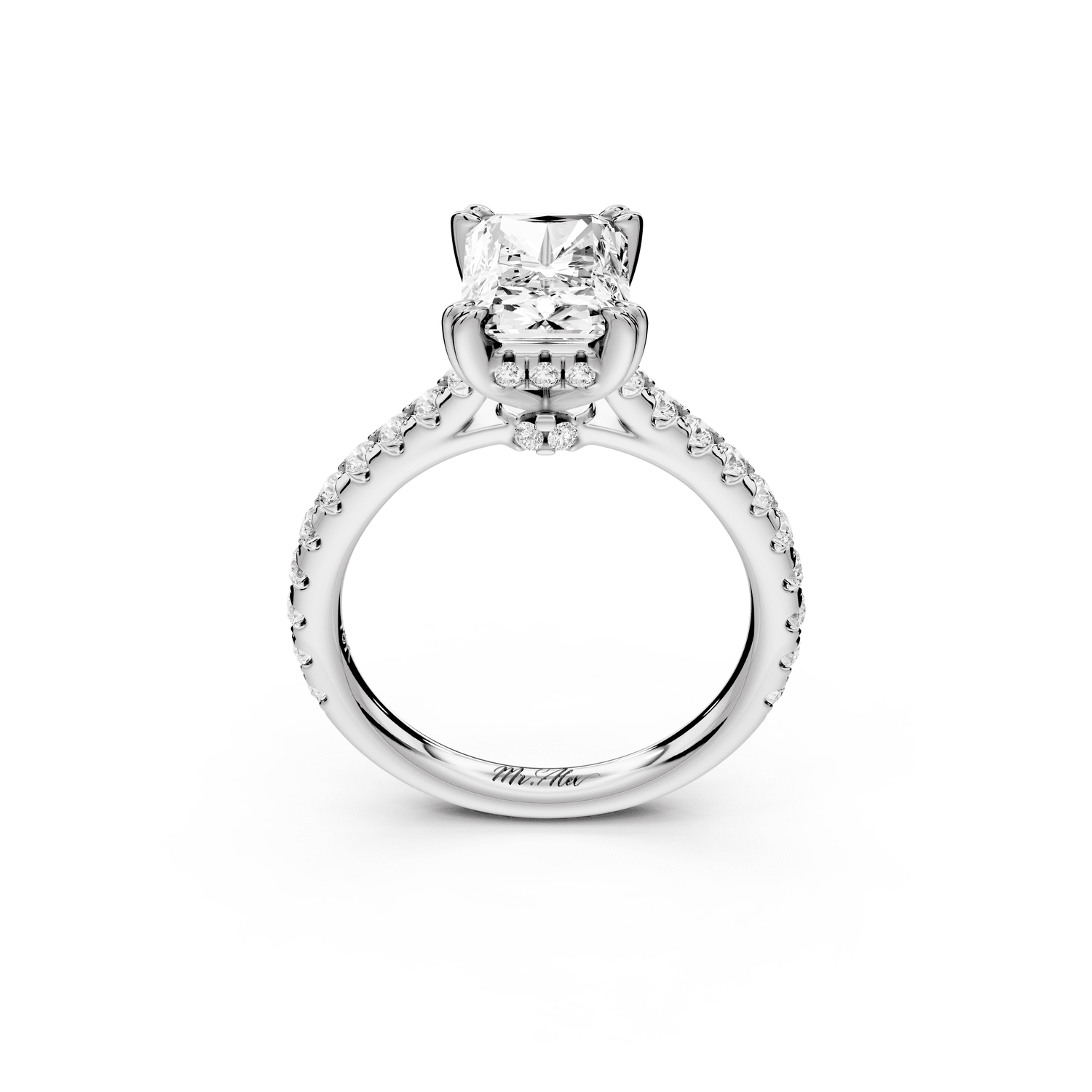Isabella - 2ct 14k white gold radiant hidden halo diamond bridge cathedral pavé engagement ring - Mr. Alex Jewelry
