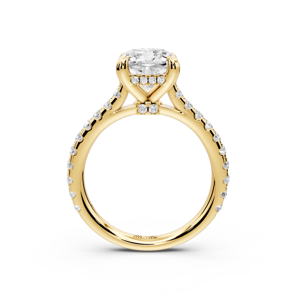 Isabella - 2ct 14k yellow gold cushion hidden halo diamond bridge cathedral pavé engagement ring - Mr. Alex Jewelry