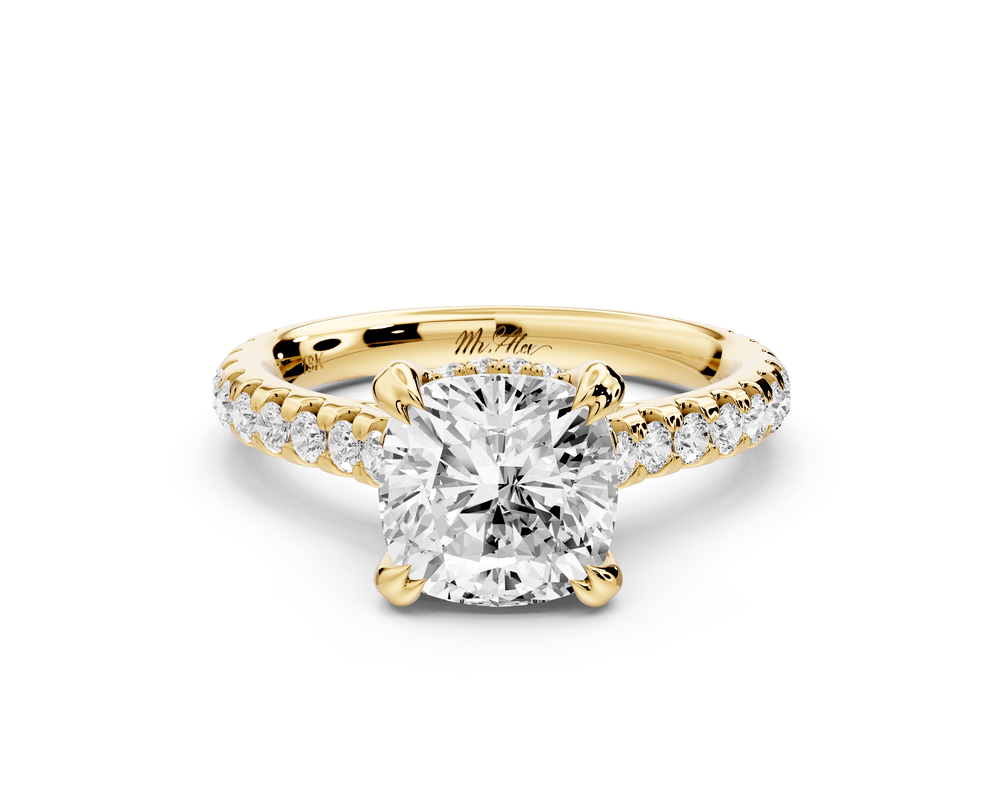Isabella - 2ct 14k yellow gold cushion hidden halo diamond bridge cathedral pavé engagement ring - Mr. Alex Jewelry