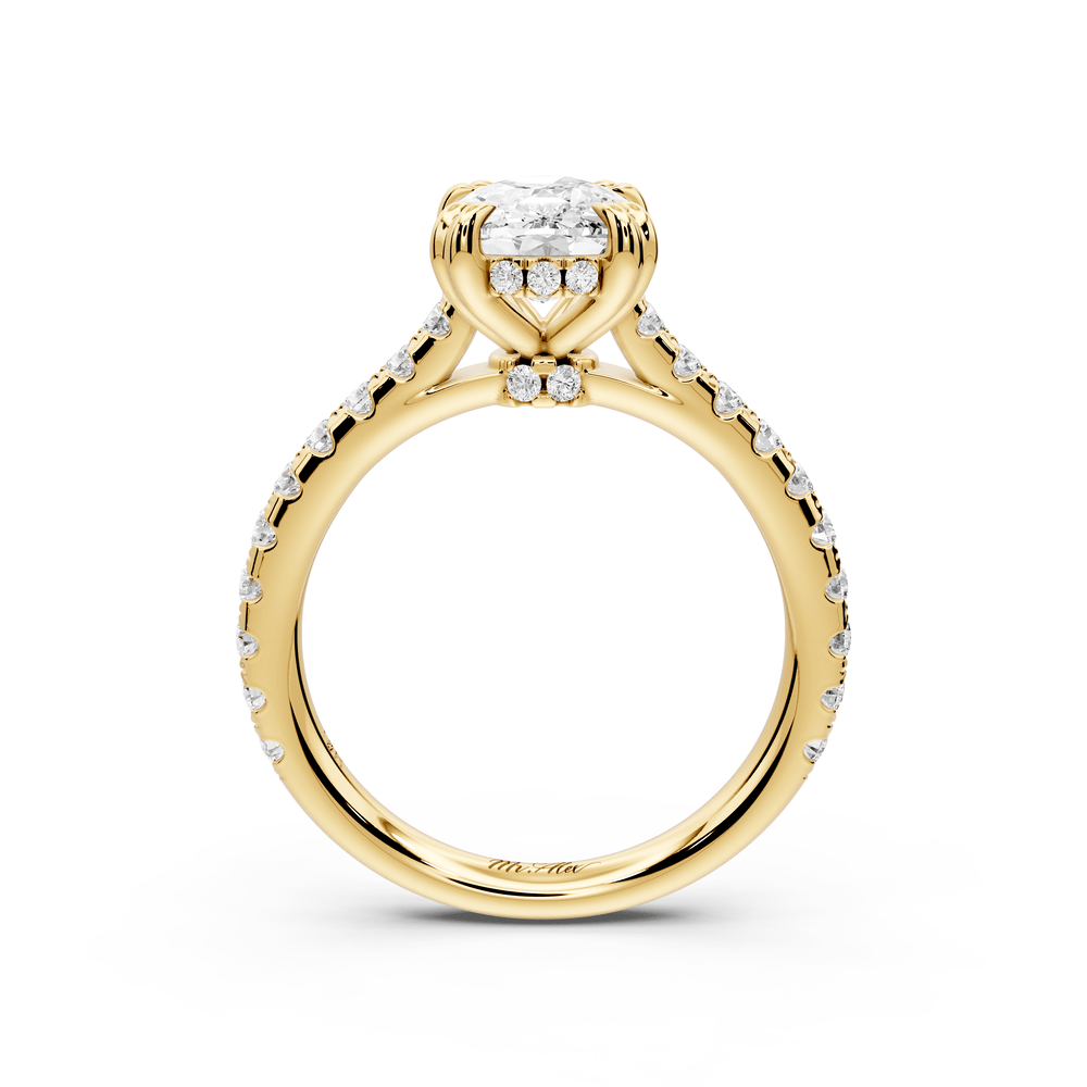 Isabella - 2ct 14k yellow gold ecushion hidden halo diamond bridge cathedral pavé engagement ring - Mr. Alex Jewelry