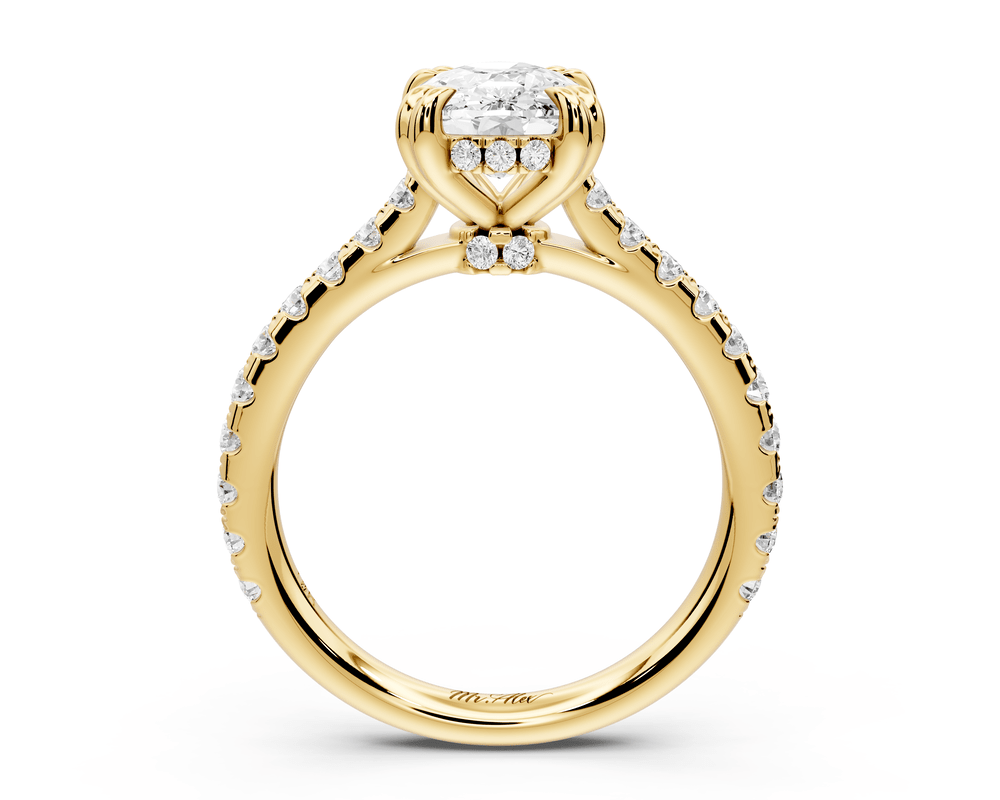 Isabella - 2ct 14k yellow gold ecushion hidden halo diamond bridge cathedral pavé engagement ring - Mr. Alex Jewelry