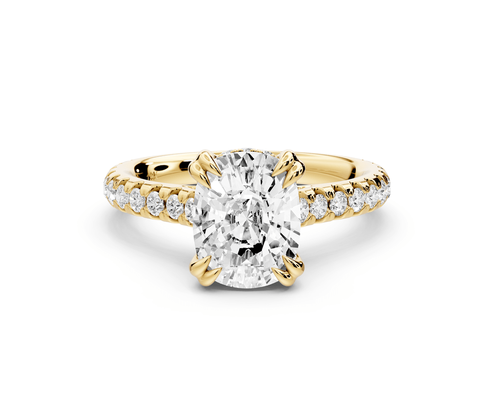Isabella - 2ct 14k yellow gold ecushion hidden halo diamond bridge cathedral pavé engagement ring - Mr. Alex Jewelry