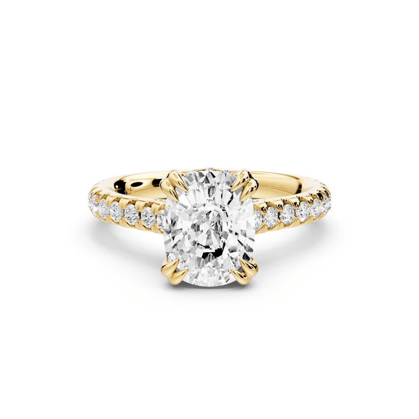 Isabella - 2ct 14k yellow gold ecushion hidden halo diamond bridge cathedral pavé engagement ring - Mr. Alex Jewelry