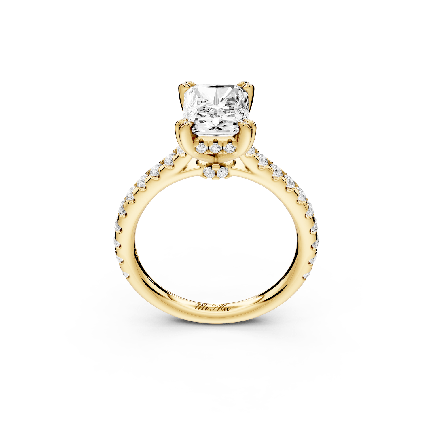 Isabella - 2ct 14k yellow gold radiant hidden halo diamond bridge cathedral pavé engagement ring - Mr. Alex Jewelry