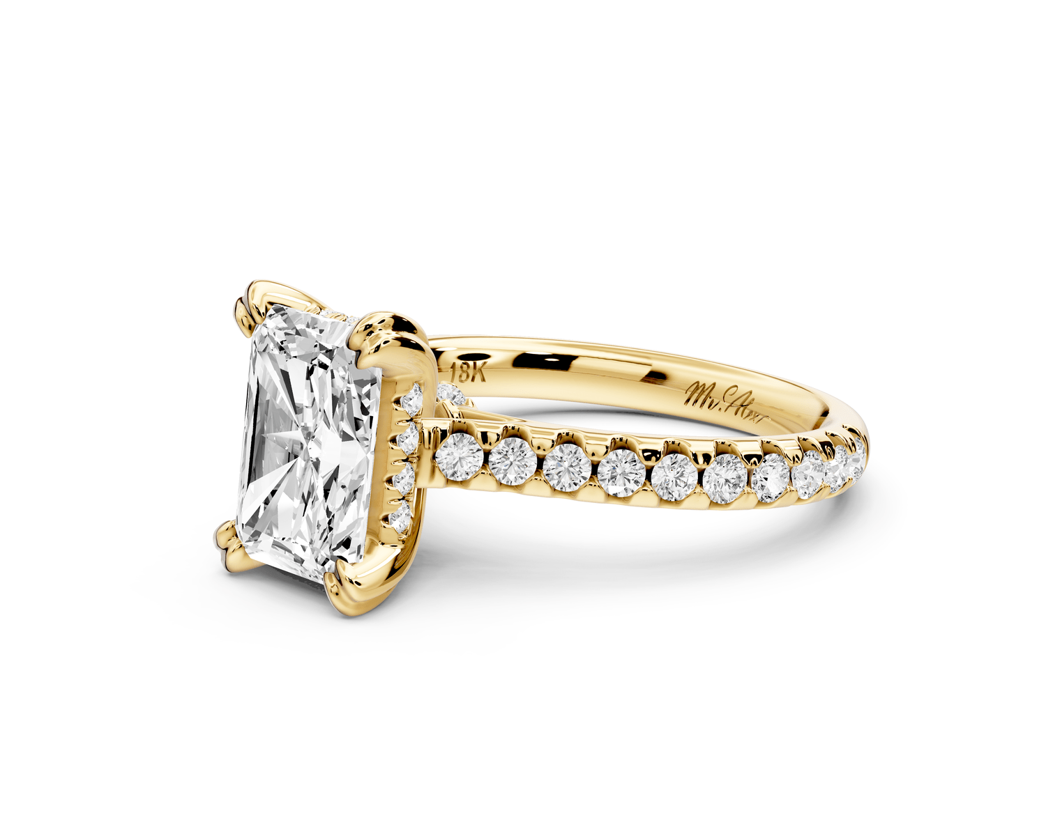 Isabella - 2ct 14k yellow gold radiant hidden halo diamond bridge cathedral pavé engagement ring - Mr. Alex Jewelry