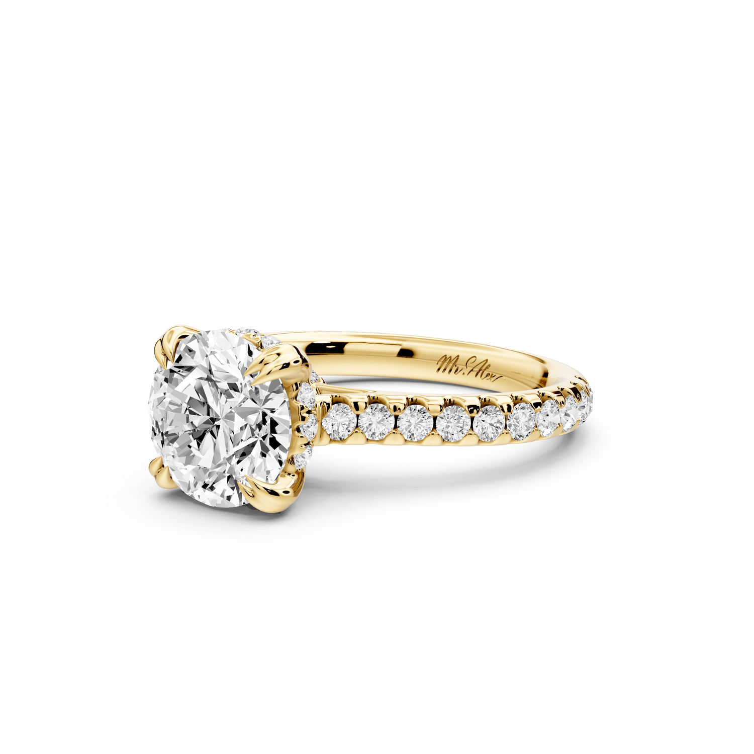 Isabella - 2ct 14k yellow gold round hidden halo diamond bridge cathedral pavé engagment ring - Mr. Alex Jewelry