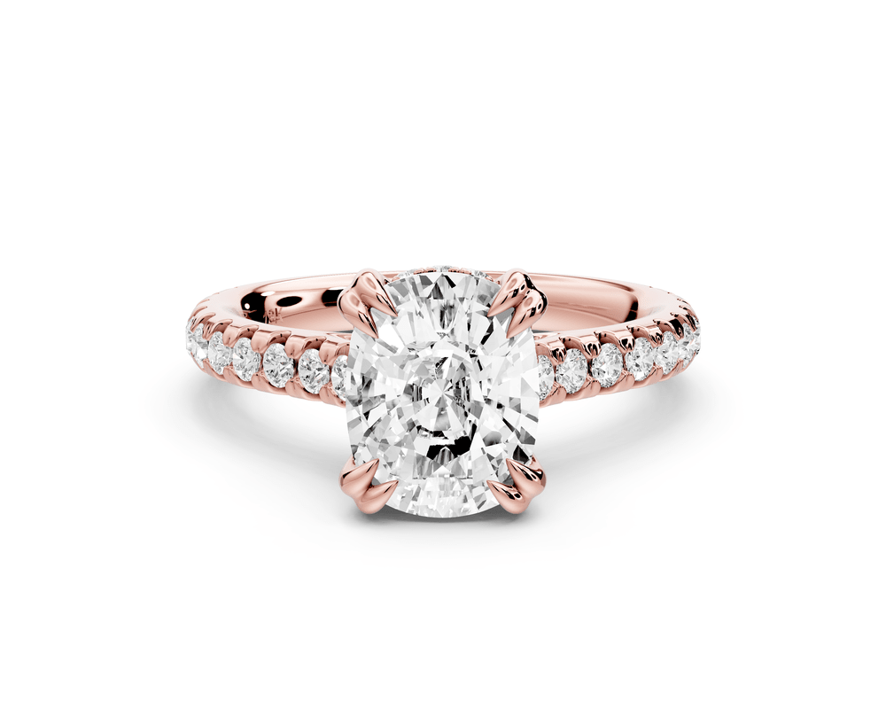 Isabella - 2ct 18k rose gold ecushion hidden halo diamond bridge cathedral pavé engagement ring - Mr. Alex Jewelry