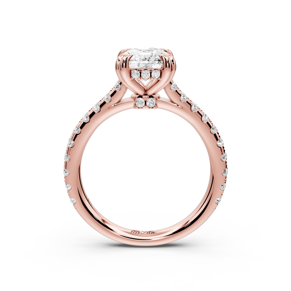 Isabella - 2ct 18k rose gold ecushion hidden halo diamond bridge cathedral pavé engagement ring - Mr. Alex Jewelry