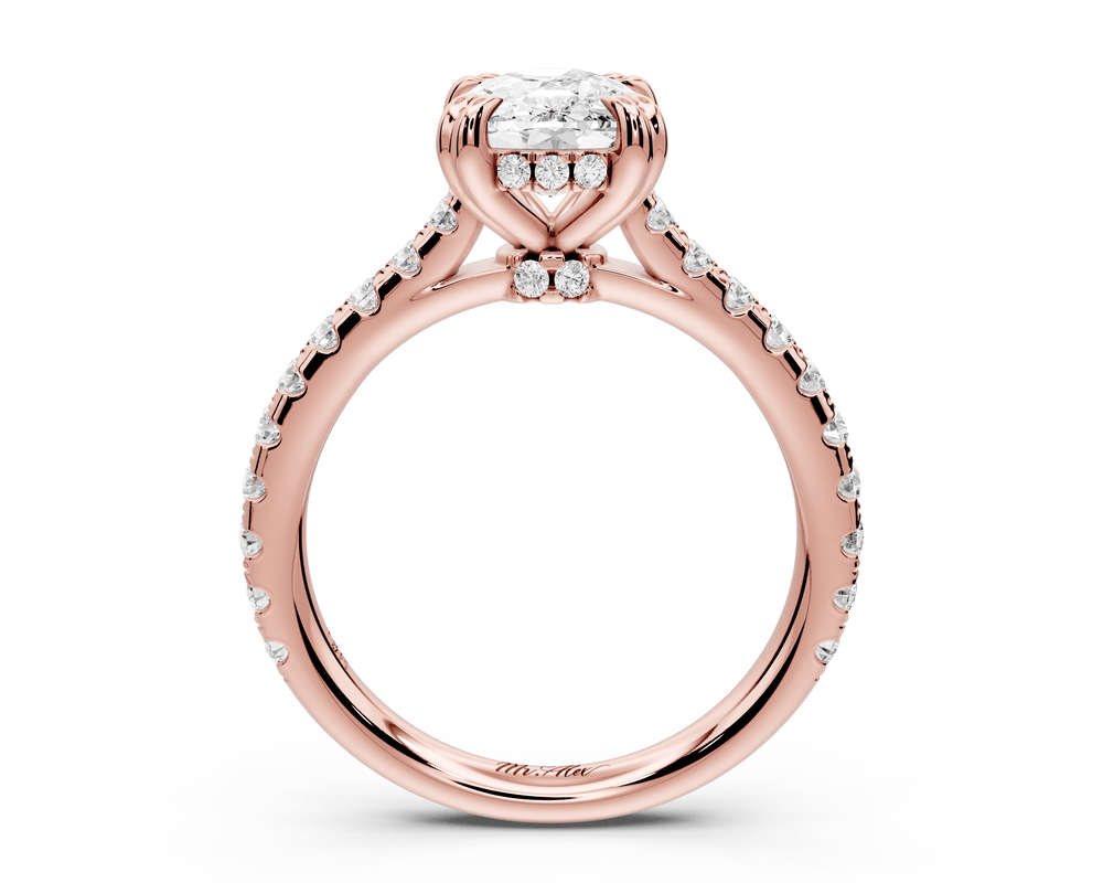 Isabella - 2ct 18k rose gold ecushion hidden halo diamond bridge cathedral pavé engagement ring - Mr. Alex Jewelry