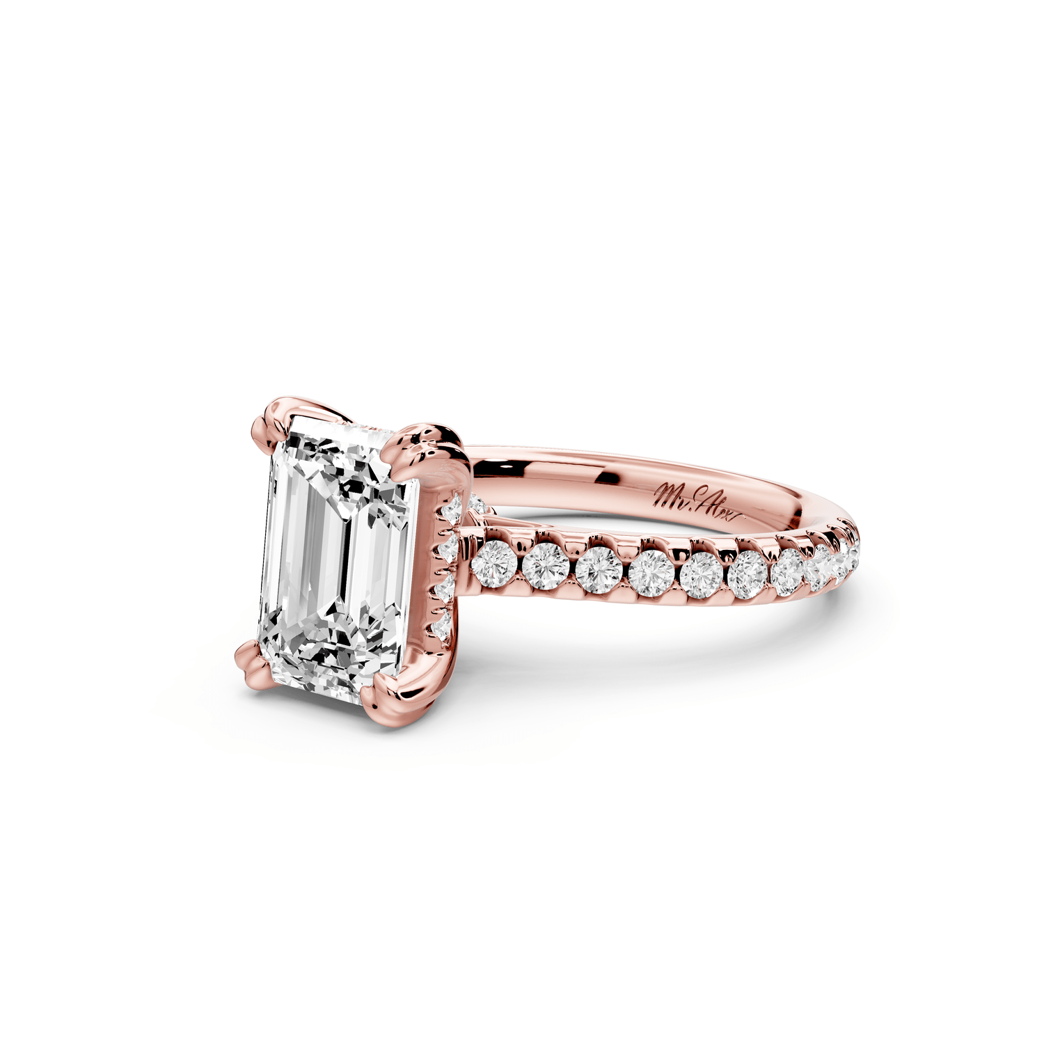 Isabella - 2ct 18k rose gold emerald hidden halo diamond bridge cathedral pavé Engagement ring - Mr. Alex Jewelry