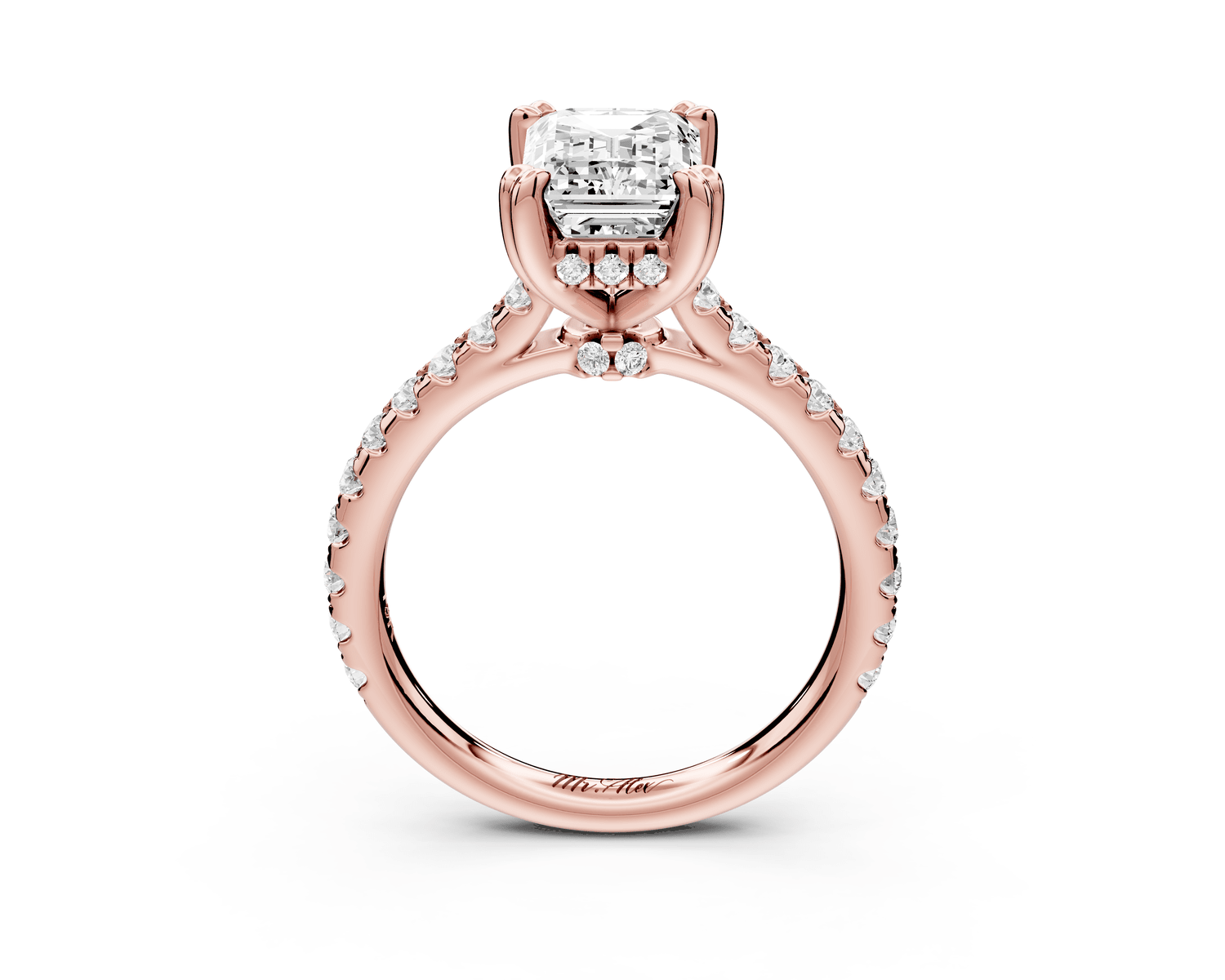Isabella - 2ct 18k rose gold emerald hidden halo diamond bridge cathedral pavé Engagement ring - Mr. Alex Jewelry