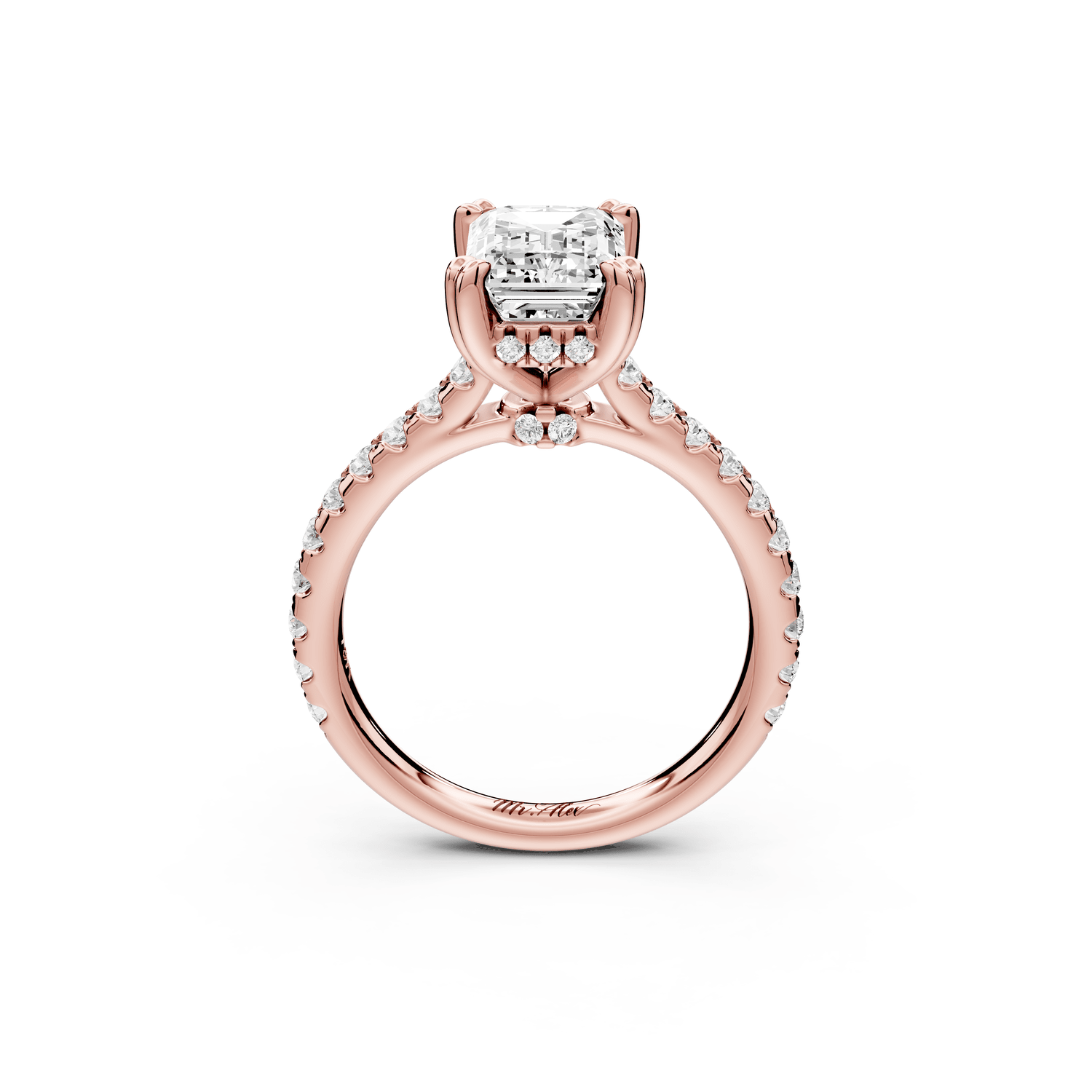 Isabella - 2ct 18k rose gold emerald hidden halo diamond bridge cathedral pavé Engagement ring - Mr. Alex Jewelry