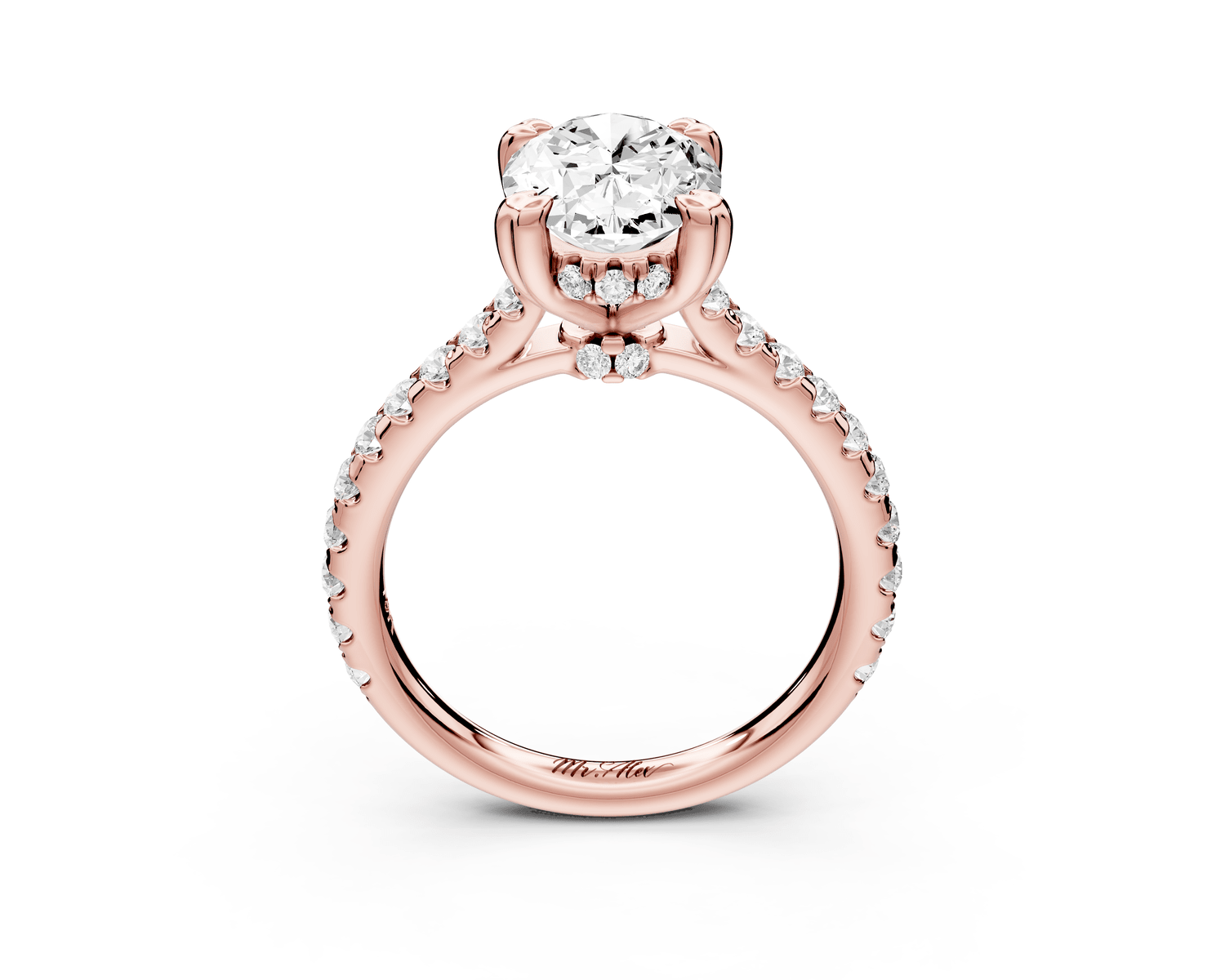 Isabella - 2ct 18k rose gold oval hidden halo diamond bridge cathedral pavé Engagement ring - Mr. Alex Jewelry