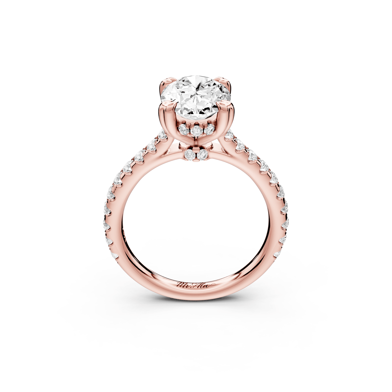Isabella - 2ct 18k rose gold oval hidden halo diamond bridge cathedral pavé Engagement ring - Mr. Alex Jewelry