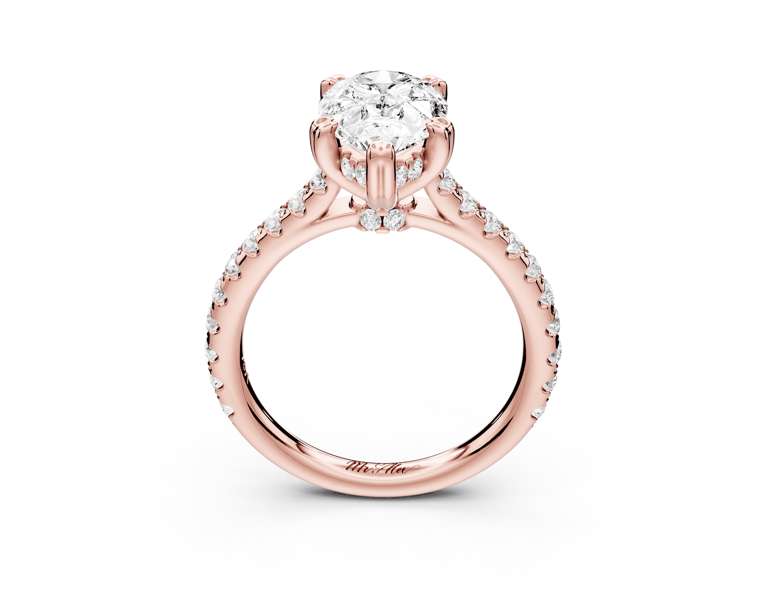Isabella - 2ct 18k rose gold pear hidden halo diamond bridge cathedral pavé Engagement ring - Mr. Alex Jewelry
