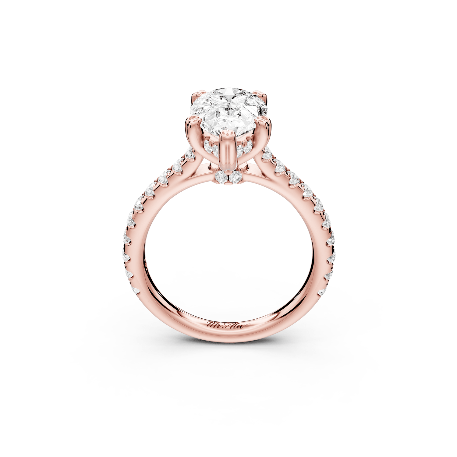 Isabella - 2ct 18k rose gold pear hidden halo diamond bridge cathedral pavé Engagement ring - Mr. Alex Jewelry