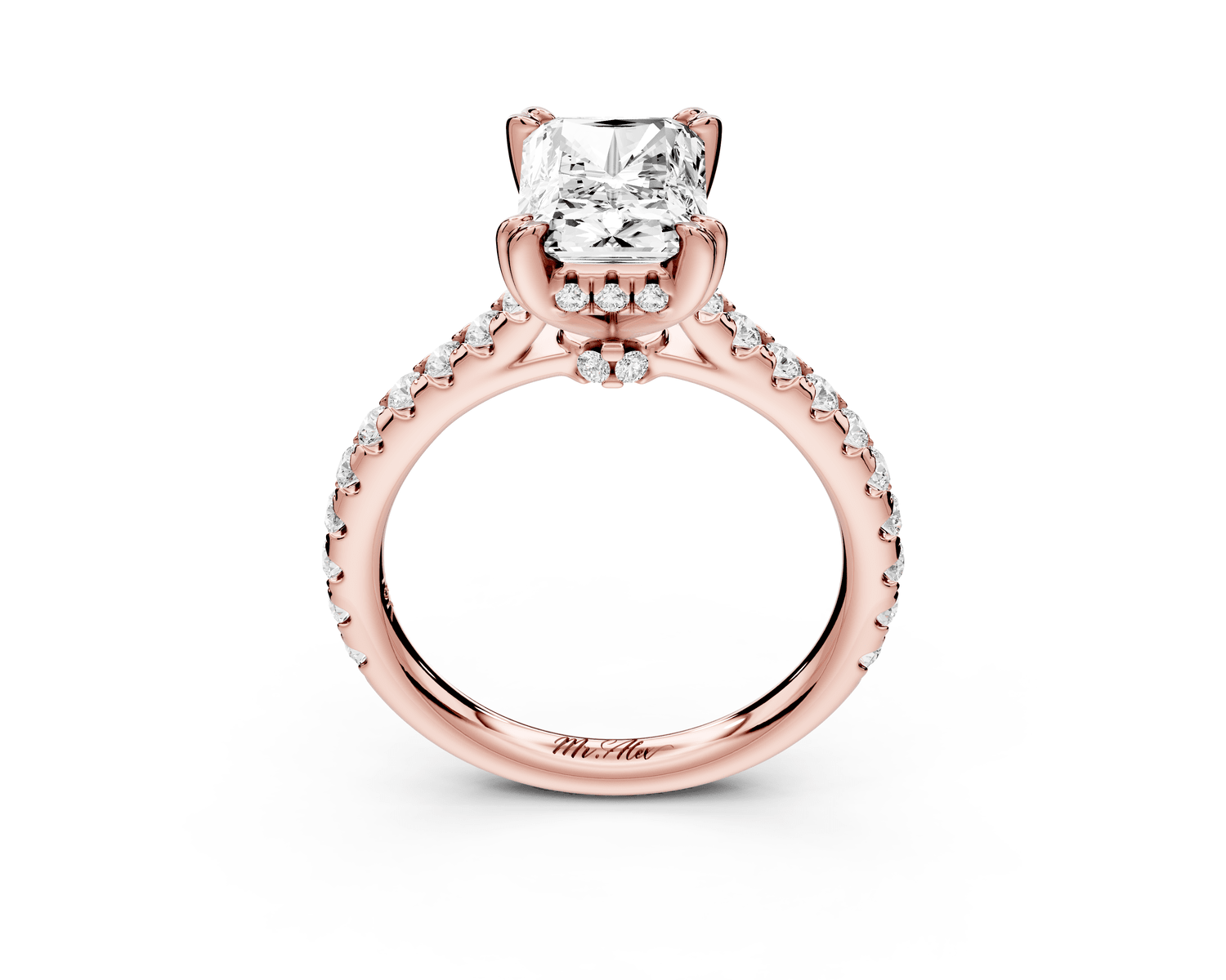 Isabella - 2ct 18k rose gold radiant hidden halo diamond bridge cathedral pavé engagement ring - Mr. Alex Jewelry