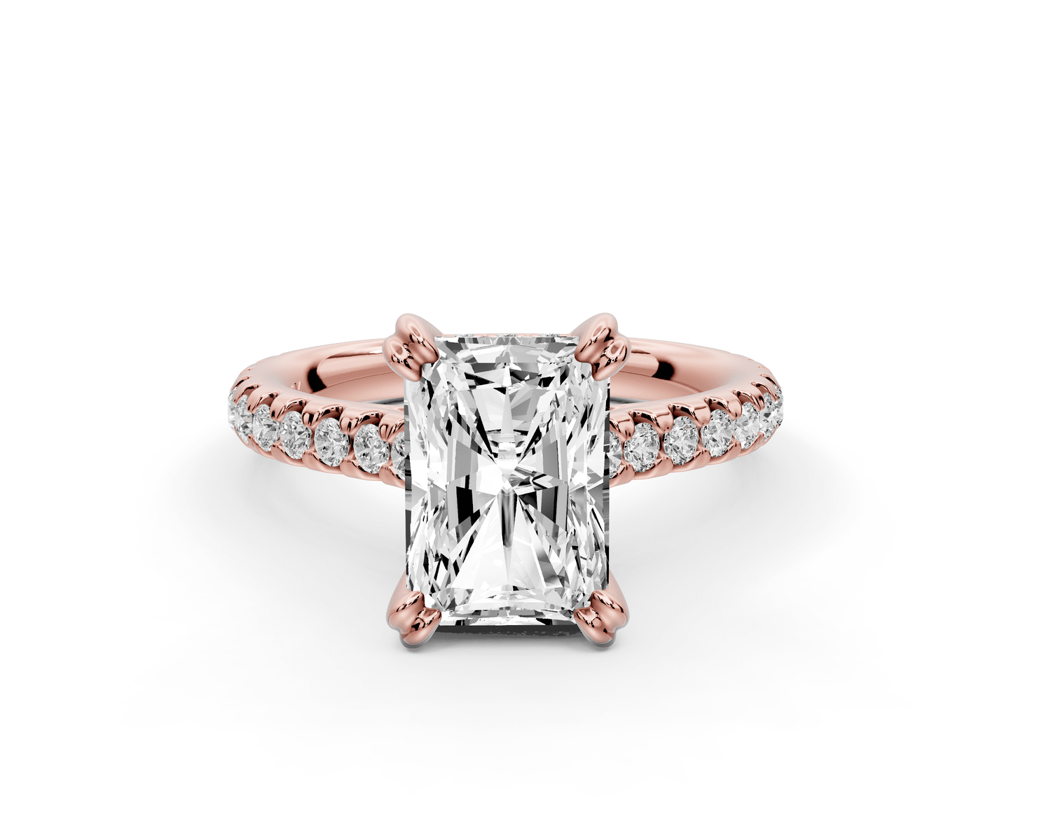 Isabella - 2ct 18k rose gold radiant hidden halo diamond bridge cathedral pavé engagement ring - Mr. Alex Jewelry