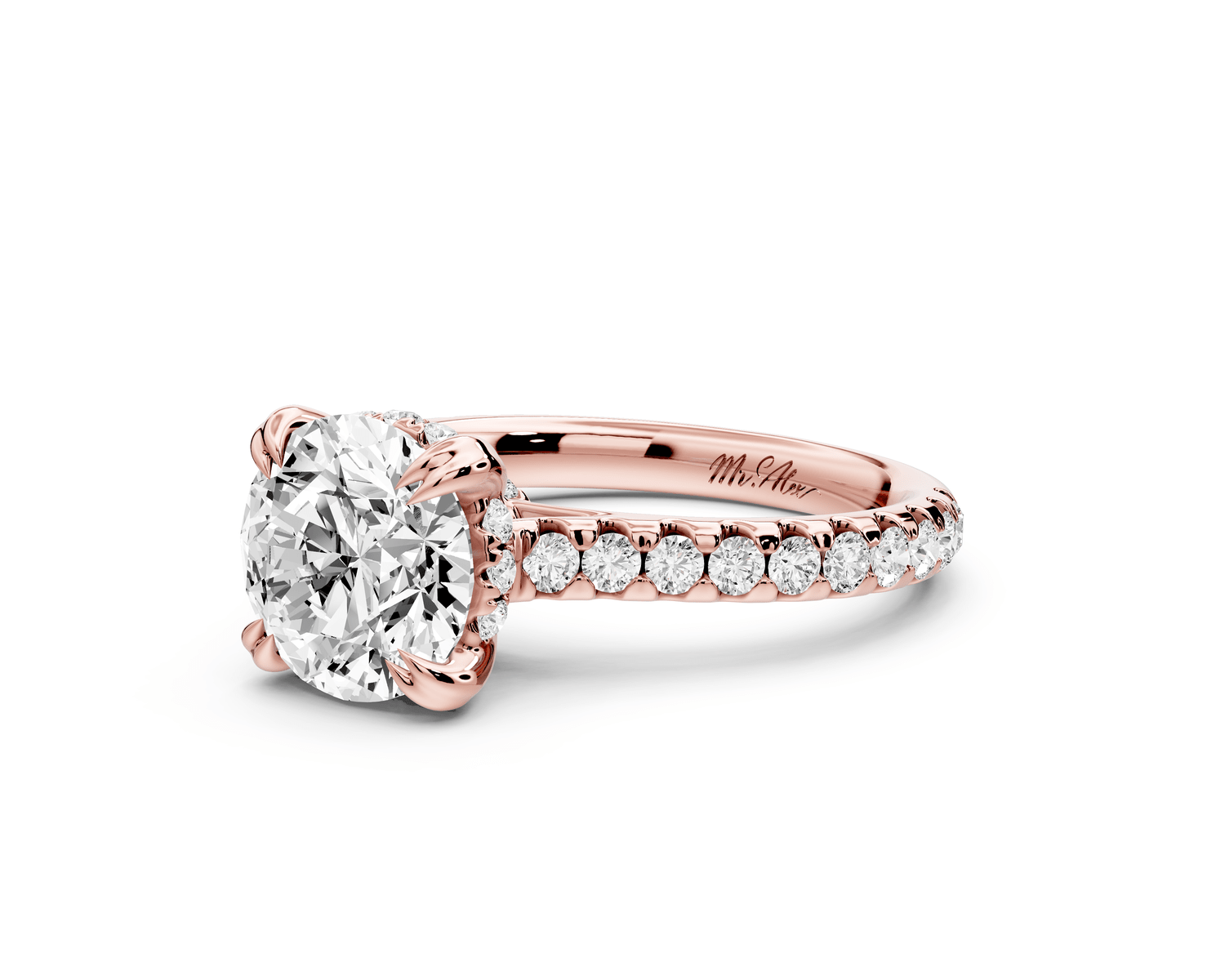 Isabella - 2ct 18k rose gold round hidden halo diamond bridge cathedral pavé engagment ring - Mr. Alex Jewelry
