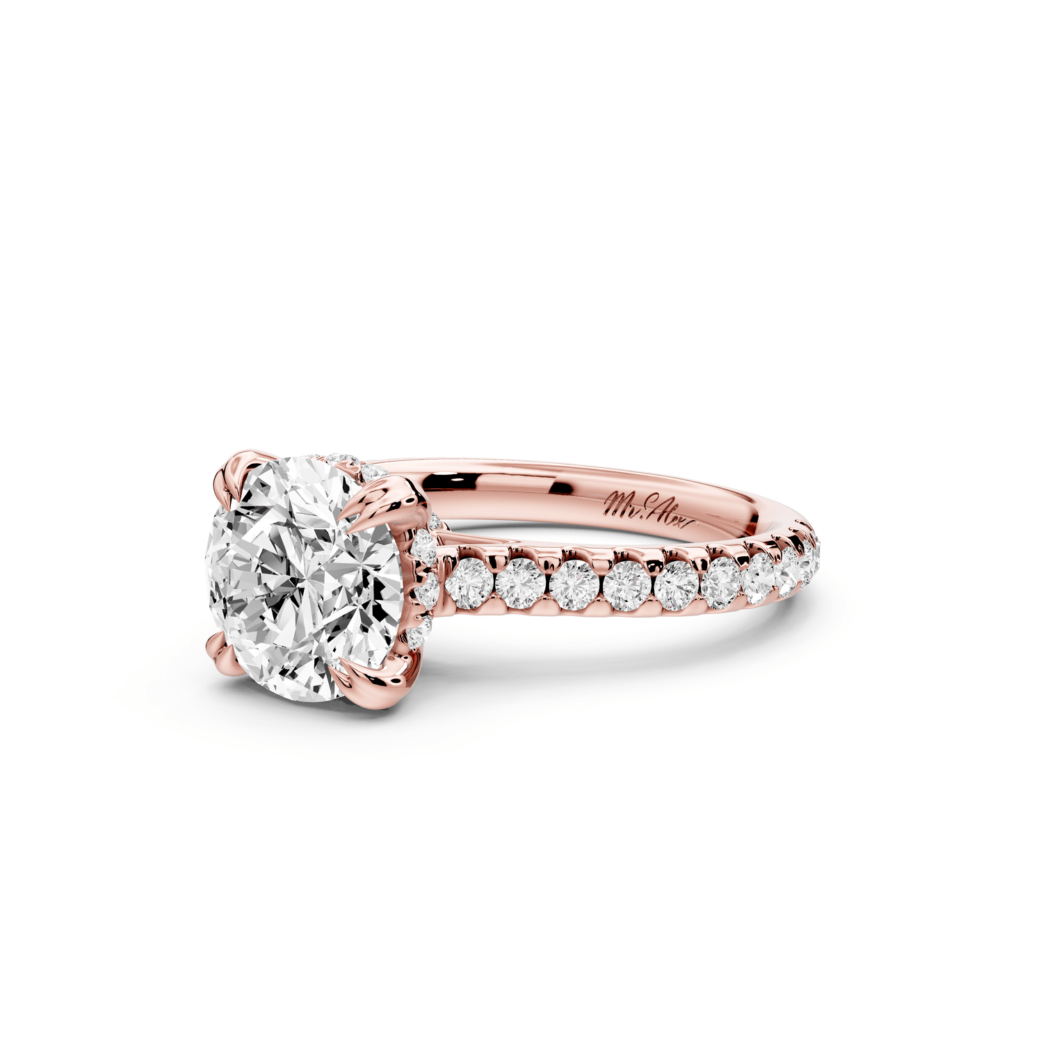 Isabella - 2ct 18k rose gold round hidden halo diamond bridge cathedral pavé engagment ring - Mr. Alex Jewelry
