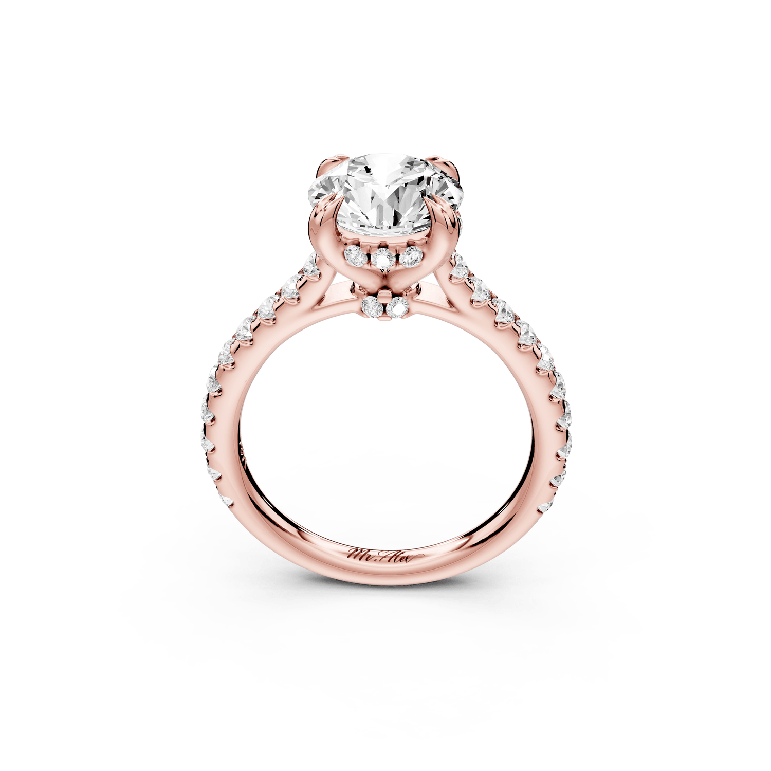 Isabella - 2ct 18k rose gold round hidden halo diamond bridge cathedral pavé engagment ring - Mr. Alex Jewelry
