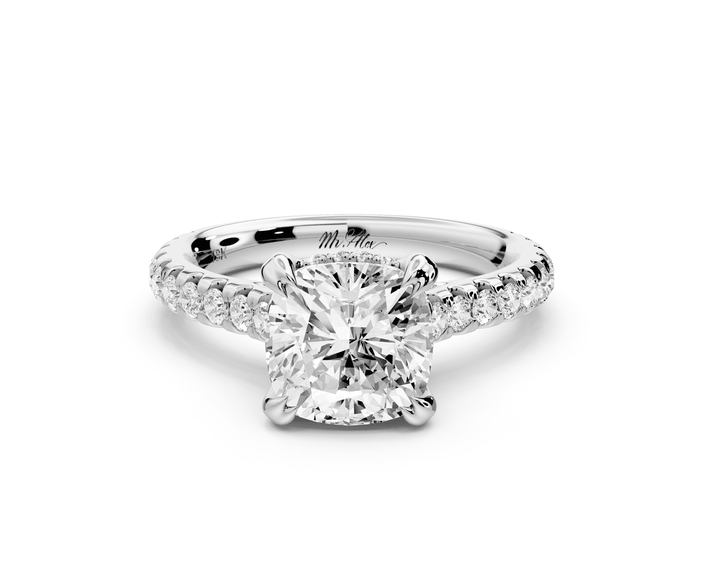Isabella - 2ct 18k white gold cushion hidden halo diamond bridge cathedral pavé engagement ring - Mr. Alex Jewelry